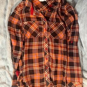 Sheer Plaid Button-Up Shirt in Brown and Orange